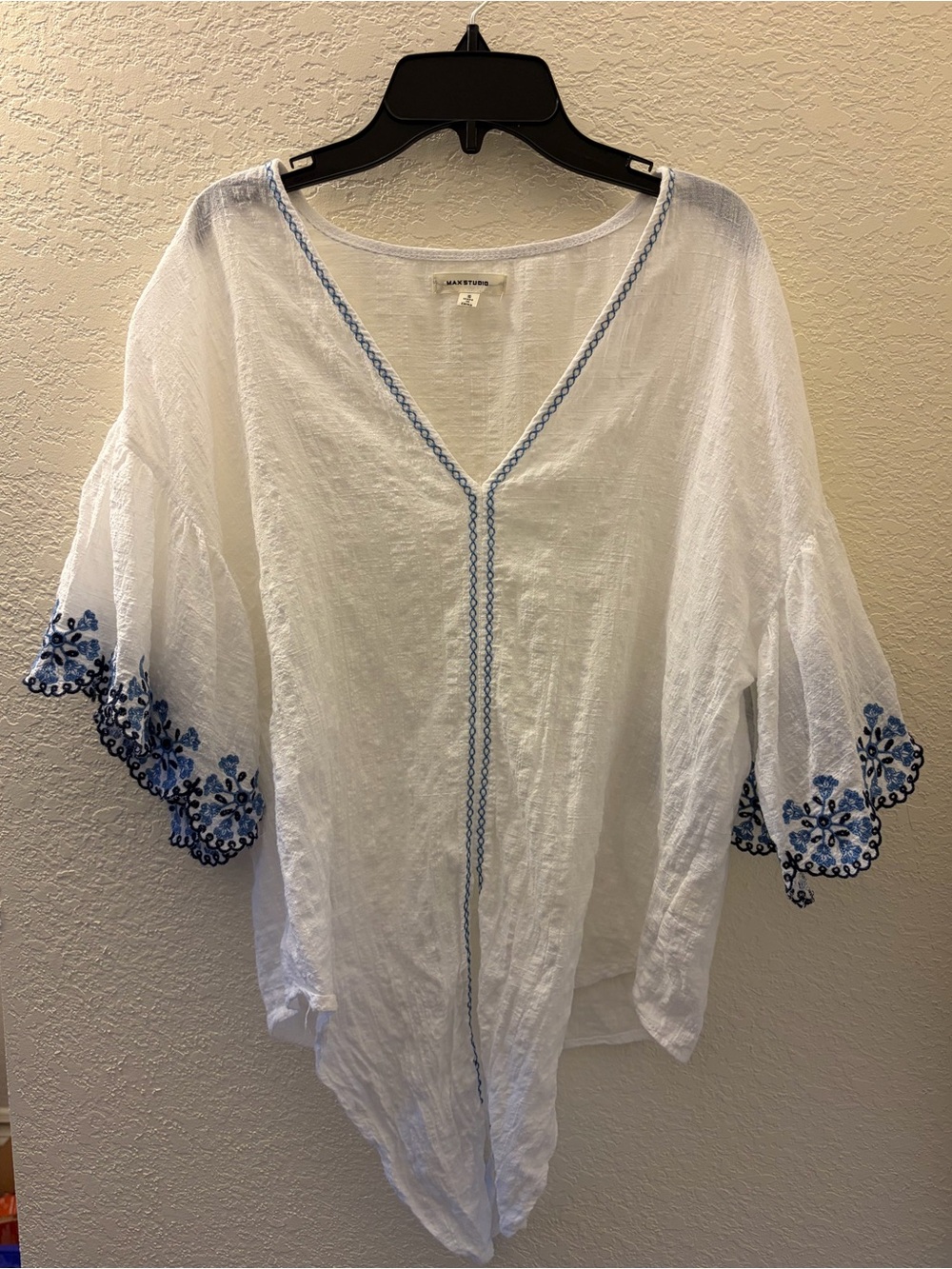 Max Studio Women’s White Tie Front Blouse Embroidered Balloon Sleeves Sz S